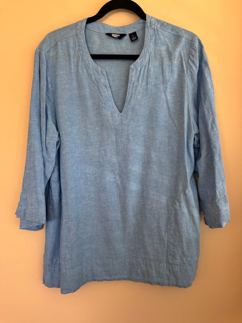 Lands' End Linen Blend Split Neck Tunic Top Bright Blue 3/4 Sleeve Sz L